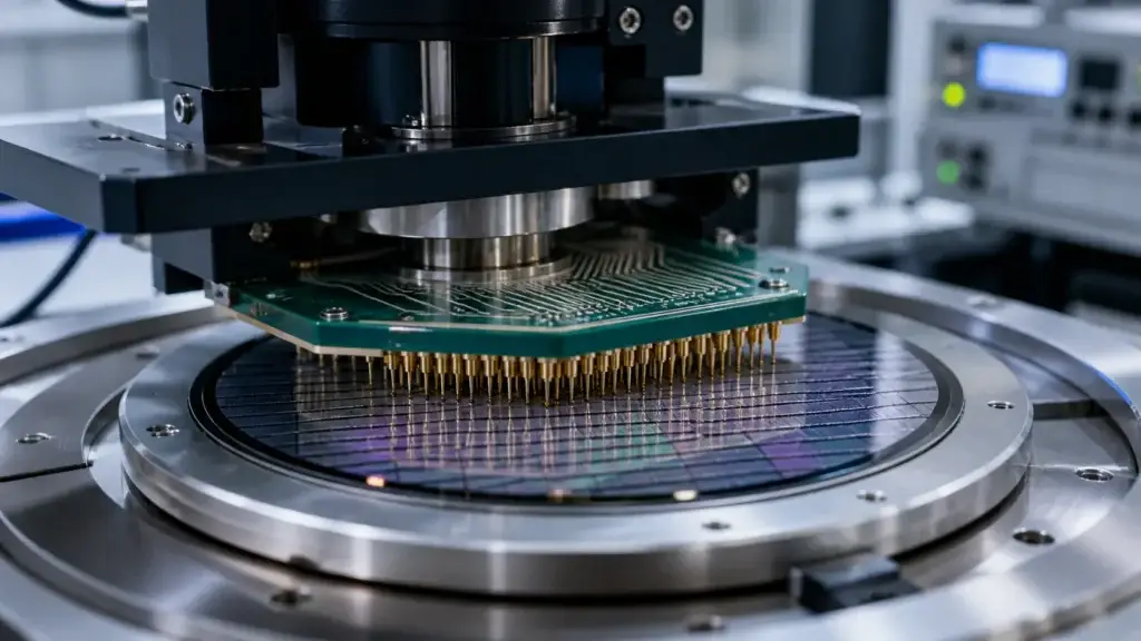 Probe card contacting a semiconductor wafer during high speed semiconductor test and measurement using advanced switching architecture.